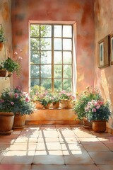 Sunlit room, potted flowers, large window, terracotta floor.