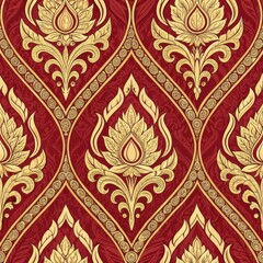 A luxurious red and gold patterned textile design featuring ornate floral motifs, perfect for elegant decor or fashion applications.