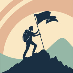 Silhouette of a person hiking on a mountain peak with a flag