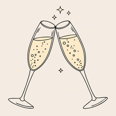 A pair of champagne glasses clinking with golden bubbles