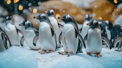 Fototapeta premium A Group of Penguins on Ice: Gentoo penguins gather on a snowy, icy landscape, possibly in an enclosure or zoo setting, with soft, warm lighting in the background.