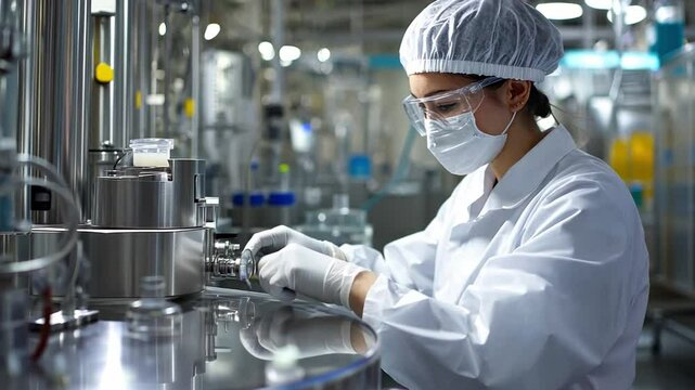 A science woman in a white lab coat wears a mask and gloves while working in a lab.