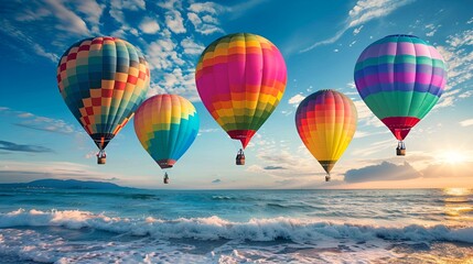 Fototapeta premium Bright air balloons in a line against a clear backdrop