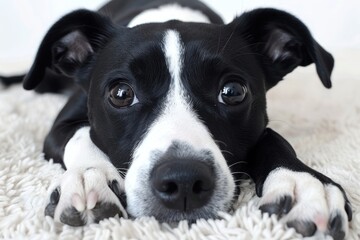 Adorable Black and White Puppy Resting on a Fluffy Rug