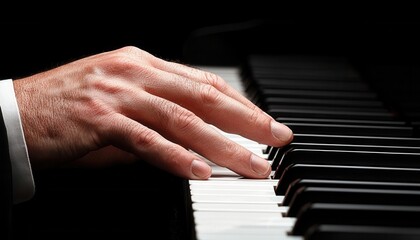 Obraz premium Close-up of elegant hands playing a grand piano, illuminated by soft stage lighting, World Piano Day, serene and artistic tone,