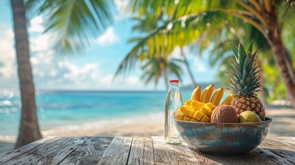 Fresh Tropical Fruits and Refreshing Drink on Beach Table