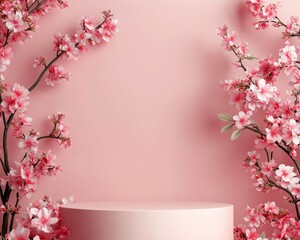 Fototapeta premium Sakura, Pink floral arrangement with a blank pedestal.