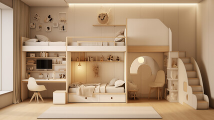 A modern children's room featuring two beds, a desk, and light beige tones, designed with functional storage and a staircase leading to the second floor, creating a playful and inviting atmosphere. 