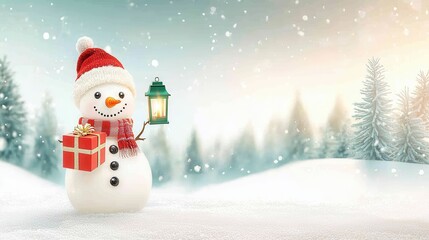 Fototapeta premium Snowy Christmas Scene with Snowman and Gift