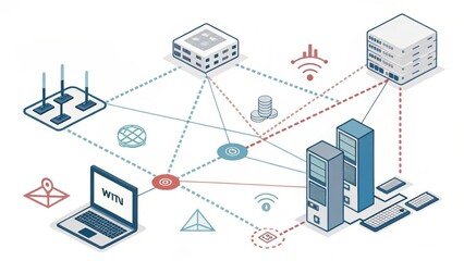 A digital network diagram illustrating connections between servers, routers, and a computer, symbolizing data flow and connectivity.