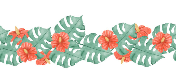 Seamless Watercolor Tropical Border with Red Hibiscus Flowers, Lush Exotic Foliage, for Design Print, Web, Textile, Tape and other Products