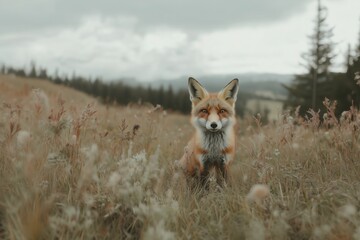 Fototapeta premium Red Fox in Meadow: A red fox with piercing eyes gazes intently towards the camera from a meadow on a misty day. Its sharp features and attentive posture evoke a sense of wildness and untamed beauty.