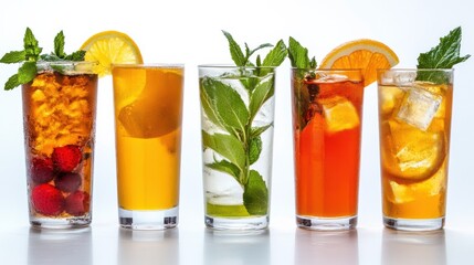 Fototapeta premium Refreshing assortment of colorful beverages with fruits and herbs on a bright background