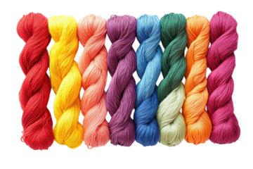 Colorful collection of vibrant yarn skeins arranged in a harmonious gradient display for creative projects and crafts