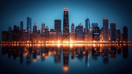 Fototapeta premium Nighttime cityscape panoramic chicago skyline landmark view