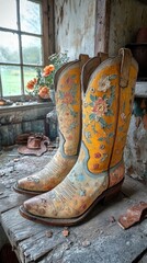 Elegant Floral Embroidered Cowboy Boots on Rustic Wooden Surface