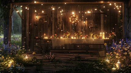 A rustic countryside barn transformed into a charming dining space, with string lights, burlap table runners, and a table set with wildflowers and flickering candles.