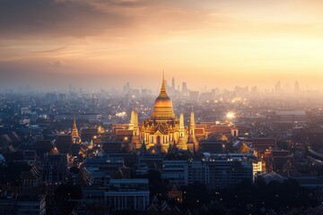 Panoramic cityscape of bangkok grand palace landmark evening glow