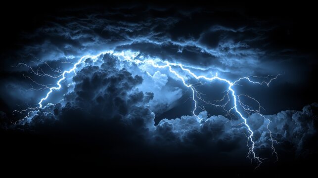 striking bolt of blue lightning flashes against a dark background, radiating energy and power, creating an electric spark and shock effect, symbolizing force and danger