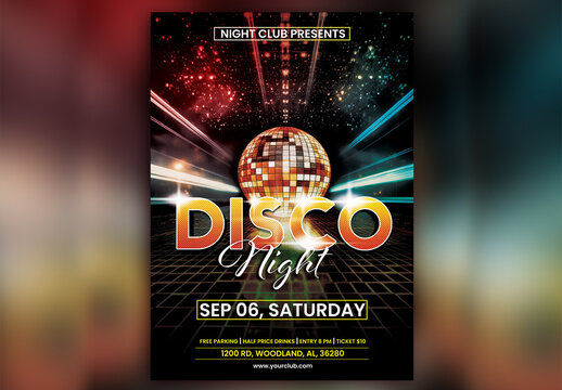 Disco Night Party Flyer with Disco Ball and Event Details.