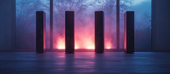 Tower Speakers in a Room with Atmospheric Lighting and Misty Forest View