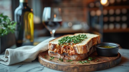 Delicious Gourmet Sandwich with Fresh Herbs and Olive Oil Drizzle