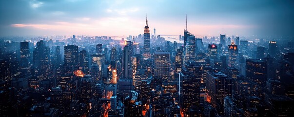Panoramic cityscape of neon-lit skyscrapers new york landmark