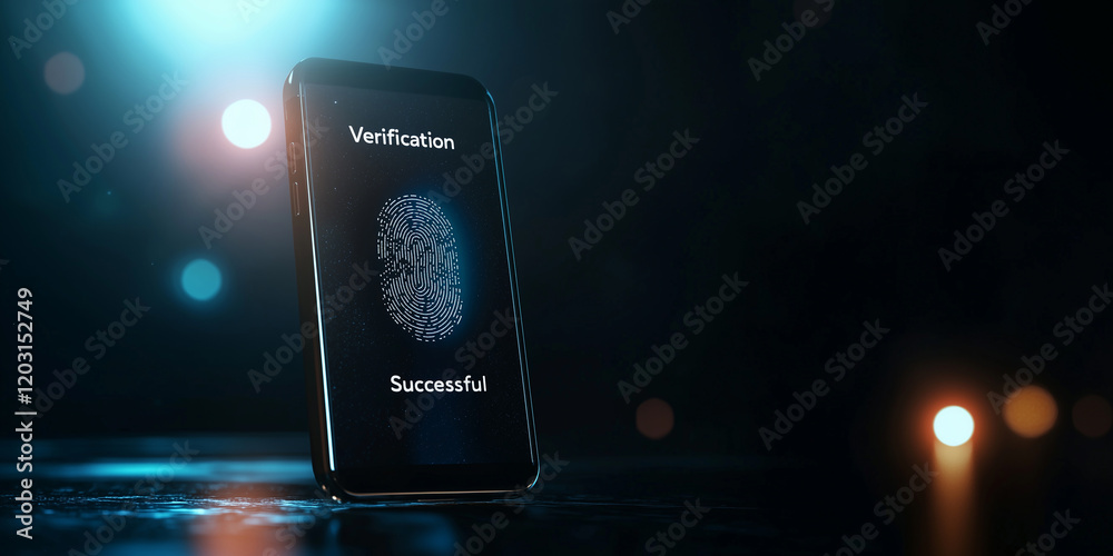 Poster mobile device displaying successful fingerprint verification in dim light with glowing bokeh backgro
