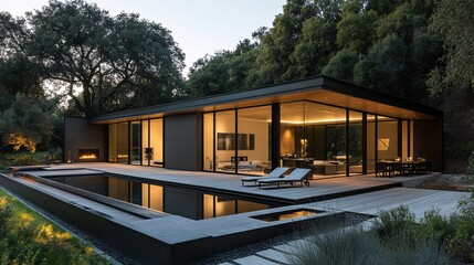 Fototapeta premium Modern House with Pool and Outdoor Patio at Dusk