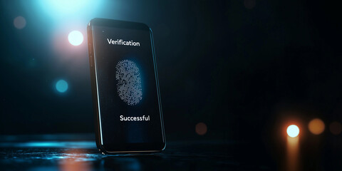 Mobile Device Displaying Successful Fingerprint Verification in Dim Light with Glowing Bokeh Background for Digital Security Themes