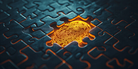 Abstract Concept of Unique Identity Represented by Fingerprint Puzzle Piece in Dark Background Highlighting Personalization and Security Themes