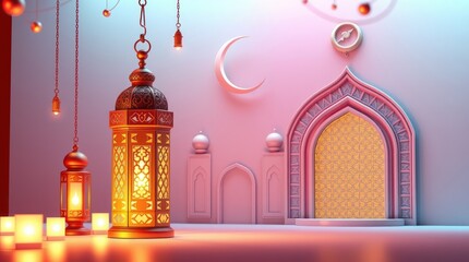 Fototapeta premium 3D image, modern and luxurious, depicting a Ramadan Kareem background. An ornamental Arabic lantern, a metal moon, and a mosque portal are the focal points 