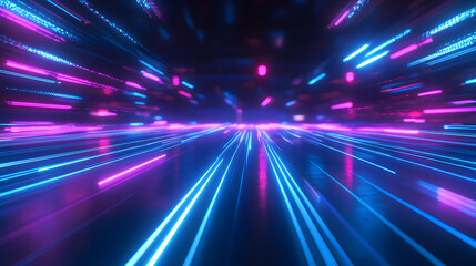 Vibrant glowing lights in purple and blue, creating an abstract feeling of energy and motion.