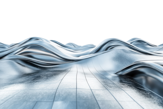 Abstract metallic landscape with fluid waves and reflective surface under bright light