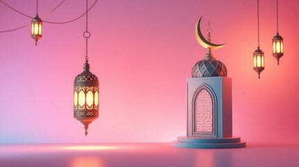 Fototapeta premium 3D image, modern and luxurious, depicting a Ramadan Kareem background. An ornamental Arabic lantern, a metal moon, and a mosque portal are the focal points 