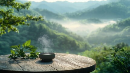 Serene Nature Scene with Steaming Bowl on Wooden Table Outdoors