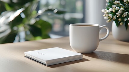 Peaceful morning workspace with coffee and notebook