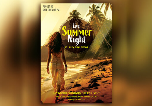 Live Summer Night Party Flyer with Back View of Woman Walking at Beach Side.