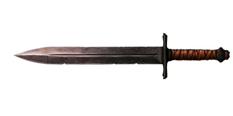 A sleek, metallic sword with a textured handle, showcasing an intricate design on the blade, poised for display Isolate.