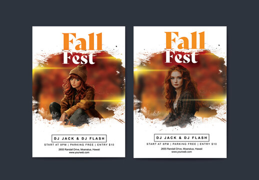 Fall Fest Poster with Beautiful Red Haired Woman in Brush Stroke Background.