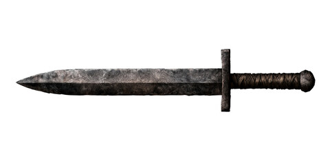 An ornate, weathered sword with a textured handle and a gleaming blade, showcasing intricate details and a historical design Isolate.