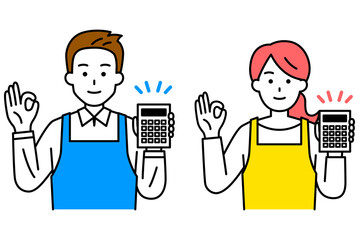 電卓を持ってOKサインをするエプロン姿の男女　セット