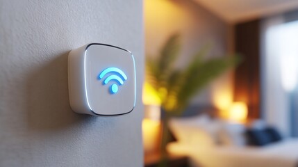 Smart Home Wifi Device Glowing Softly in Warm Room Light. AI Generated