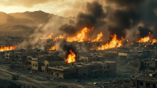 Cinematic wide shot of destroyed buildings on fire in the Middle East, smoke and debris everywhere, war-torn,