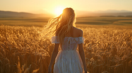Obraz premium Woman in White Dress Walking Through Wheat Field at Sunset