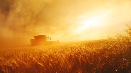 Fototapeta premium Golden Hour Harvest: Silhouetted combine slowly harvests ripe wheat bathed in warm sunlight creating a hazy atmospheric perspective. AI Generated