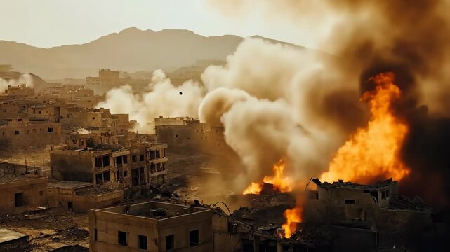 Cinematic wide shot of destroyed buildings on fire in the Middle East, smoke and debris everywhere, war-torn,
