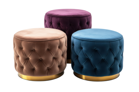 Stylish upholstered ottomans in purple, blue, and brown with gold bases designed for modern interiors