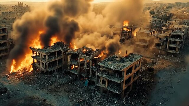 Cinematic wide shot of destroyed buildings on fire in the Middle East, smoke and debris everywhere, war-torn,