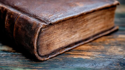 Antique leather-bound book on rustic wood; history, knowledge, wisdom